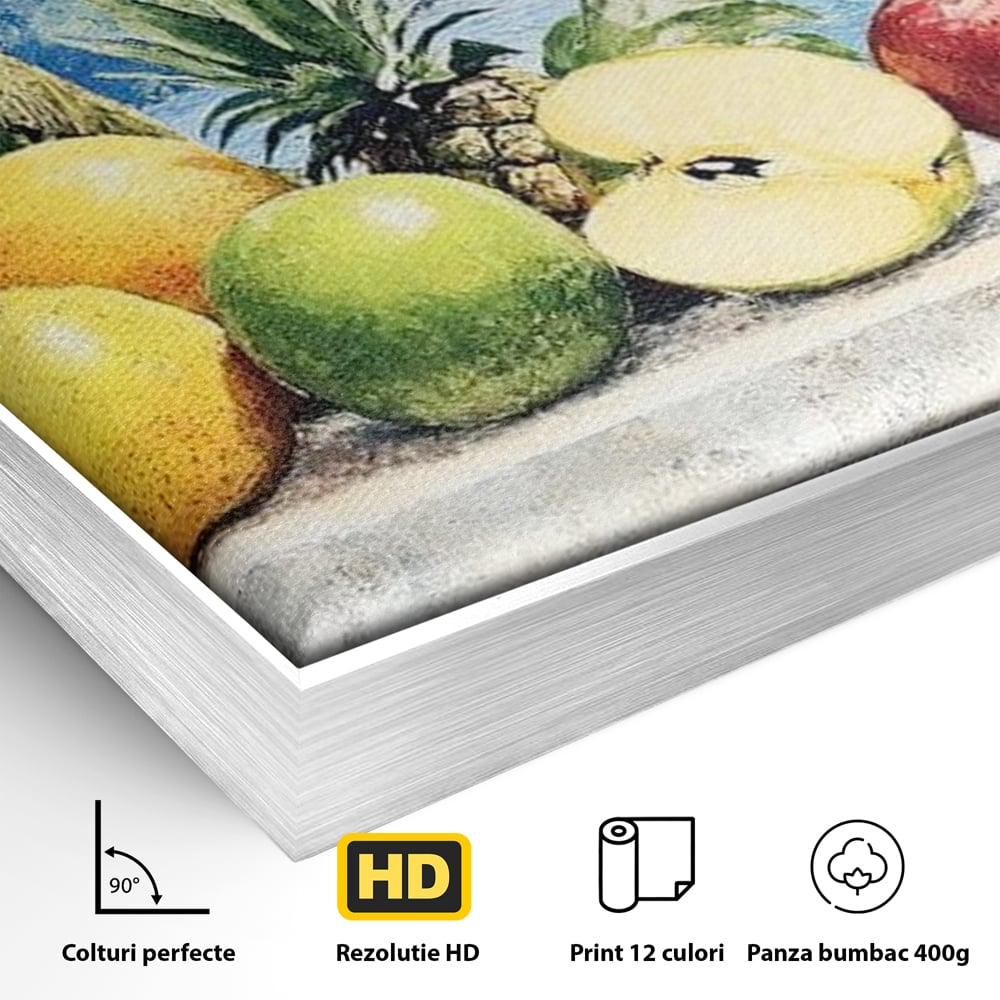 Detaliu al suprafetei: natura moarta cu fructe tropicale si ocean, in rama de aluminiu argintiu